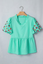Cargar imagen en el visor de la galería, Mint Green Frilled V Neck Flower Embroidered Puff Sleeve Textured Blouse

