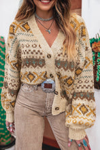 Load image into Gallery viewer, Khaki Western Pattern Knitted Button V Neck Cardigan Sweater
