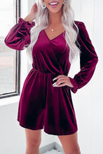 Load image into Gallery viewer, Red Dahlia Velvet Surplice Neck Ruffled Sleeve High Waist Romper
