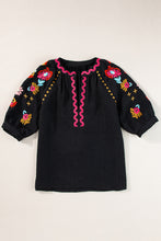 Load image into Gallery viewer, Black Floral Embroidered Ricrac Puff Sleeve Textured Blouse
