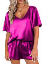 Cargar imagen en el visor de la galería, Bright Pink Satin V Neck Tee and Drawstring Shorts Set
