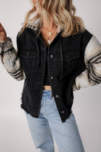 Load image into Gallery viewer, Black Plaid Sleeve Frayed Hem Hooded Denim Jacket
