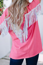 Cargar imagen en el visor de la galería, Rose Red Sequined Fringe Wing High-low Hem T-shirt
