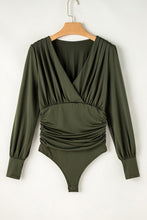 Cargar imagen en el visor de la galería, Moss Green Ruched Wrap V Neck Long Sleeve Bodysuit
