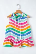 Load image into Gallery viewer, Rose Red Rainbow Stripes Ruffled Hem Drawstring V Neck Tank Top
