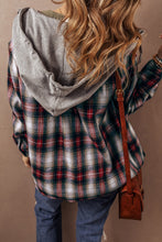 Cargar imagen en el visor de la galería, Red Plaid Print Chest Pocket Buttoned Hooded Shacket
