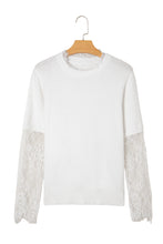Load image into Gallery viewer, Beige Lace Sleeve Patchwork Faux Two-piece Fuzzy Sweater

