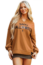 Cargar imagen en el visor de la galería, Chestnut Sequin Happy Halloween Graphic Notched Neck Long Sleeve Loose Top
