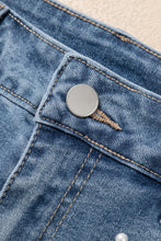 Load image into Gallery viewer, Dusk Blue Pearl Beaded Raw Hem Medium Wash Denim Shorts
