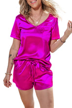 Cargar imagen en el visor de la galería, Bright Pink Satin V Neck Tee and Drawstring Shorts Set
