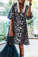 Load image into Gallery viewer, Black Leopard Puff Sleeve Buttons Front Shirt Dress
