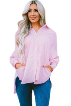 Load image into Gallery viewer, Pink Smocked Cuffed Striped Boyfriend Shirt with Pocket
