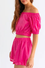 Load image into Gallery viewer, LE LIS Off Shoulder Crop Top and Ruffled Shorts Set
