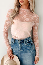 Load image into Gallery viewer, Apricot Pink Sheer Floral Lace Mesh Mock Neck Long Sleeve Top
