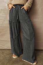 Cargar imagen en el visor de la galería, Black Mineral Wash Tiered Wide Leg Patchwork Drawstring Pants
