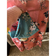 Load image into Gallery viewer, Silky Teal Robe with Floral Pink Robe and Teal Sleeves
