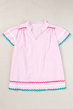 Load image into Gallery viewer, Pink Stripe Ricrac Trim Split Neck Striped Ruffled Sleeve Blouse
