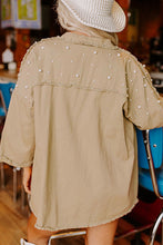 Cargar imagen en el visor de la galería, Khaki Pearl Beaded Raw Hem Button Up Denim Jacket
