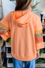 Load image into Gallery viewer, Grapefruit Orange Plaid Floral Patchwork Kangaroo Pocket Hooded Long Sleeve Top
