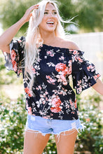 Cargar imagen en el visor de la galería, Blue Ruffle Off Shoulder Flounce Sleeve Floral Blouse
