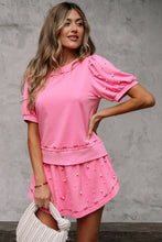 Load image into Gallery viewer, Pink Contrast Bow Trim Pearl Puff Sleeve Blouse and Skort 2pcs Set
