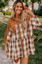 Load image into Gallery viewer, Khaki Plaid Color Block Patchwork Ruffle Hem Tunic Shirt Dress
