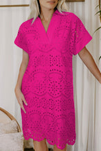Load image into Gallery viewer, Rose Red Solid Color Eyelet Embroidered T Shirt Mini Dress
