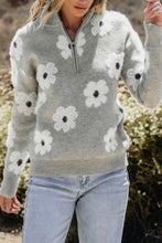 Cargar imagen en el visor de la galería, Gray Floral Pattern Half Zip Drop Shoulder Sweater
