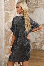 Load image into Gallery viewer, Dark Grey Sequin V Neck Dolman Sleeve Shift Dress
