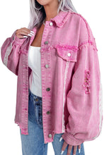 Load image into Gallery viewer, Pink Lace Patchwork Distressed Buttoned Denim Jacket
