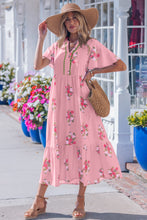 Cargar imagen en el visor de la galería, Pink Notched Neck Flutter Short Sleeve Floral Print Maxi Dress
