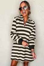 Load image into Gallery viewer, Black Stripe Collared V Neck Long Sleeve Loose Casual Dress
