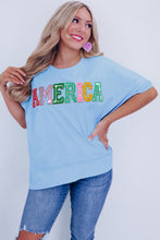 Cargar imagen en el visor de la galería, Mist Blue Sparkle America Pastel Embroidered Graphic T-shirt
