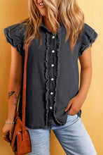 Load image into Gallery viewer, Black Button Front Ruffled Flutter Frayed Denim Top
