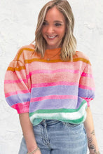 Load image into Gallery viewer, Hot Pink Colorful Stripe Bubble Short Sleeve Sweater
