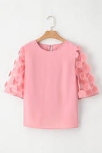 Load image into Gallery viewer, Dusty Pink Contrast Applique Mesh Half Sleeve Blouse
