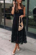 Load image into Gallery viewer, Black Lace Smocked Bodice Sleeveless Midi Dress
