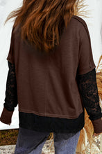 Load image into Gallery viewer, Dark Brown Sheer Lace Patchwork Casual Long Sleeve Tee
