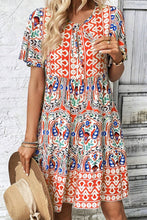 Load image into Gallery viewer, Orange Bohemian Print Tie Neck Ruffle Hem Short Dress
