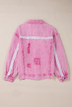 Load image into Gallery viewer, Pink Lace Patchwork Distressed Buttoned Denim Jacket
