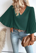 Load image into Gallery viewer, Blackish Green 3/4 Pleated Bell Sleeve V Neck Blouse
