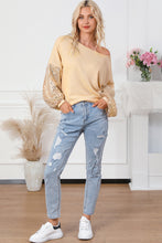 Cargar imagen en el visor de la galería, Apricot Sequin Patchwork Sleeve Open Back Waffle Knit Top
