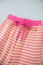 Cargar imagen en el visor de la galería, Pink Stripe Colorblock Trim Crew Neck Loose Tee Drawstring Elastic Waist 2pcs Pant Set
