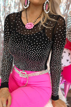 Cargar imagen en el visor de la galería, Black Rhinestone Embellished Mesh Long Sleeve Cowgirl Bodysuit
