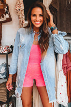 Load image into Gallery viewer, Beau Blue Light Wash Distressed Frayed Long Denim Jacket
