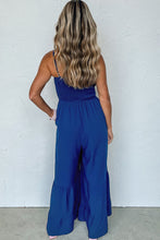 Cargar imagen en el visor de la galería, Navy Blue Spaghetti Straps Smocked Ruffled Wide Leg Jumpsuit
