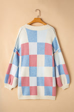 Load image into Gallery viewer, Light Blue Checkered Drop Shoulder Exposed Seam Open Front Cardigan
