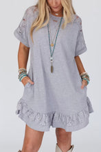 Load image into Gallery viewer, Light Grey Lace Floral Patchwork Ruffled T-shirt Dress
