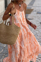 Cargar imagen en el visor de la galería, Orange Abstract Print Spaghetti Straps Backless Tiered Maxi Dress
