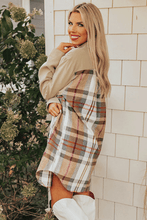 Load image into Gallery viewer, Khaki Plaid Patchwork Long Sleeve Shirt Mini Dress
